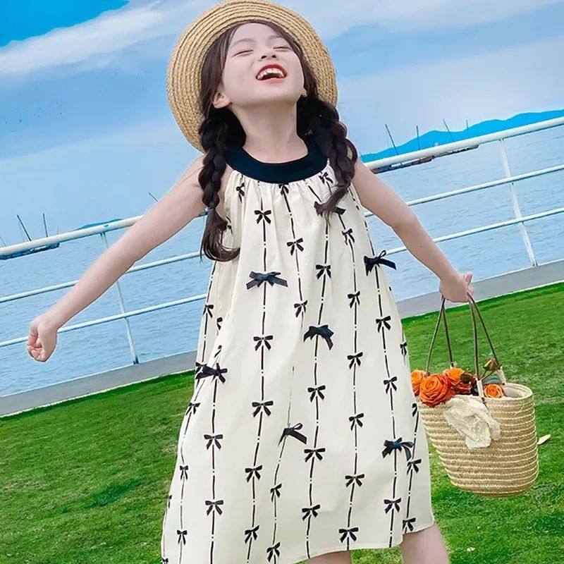 2025夏季新款宽松韩版度假无袖长裙背心裙中大女童彩色波点连衣裙