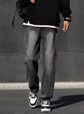 NASA复古烟灰色牛仔裤男春秋季新款潮牌美式高街裤子直筒休闲长裤