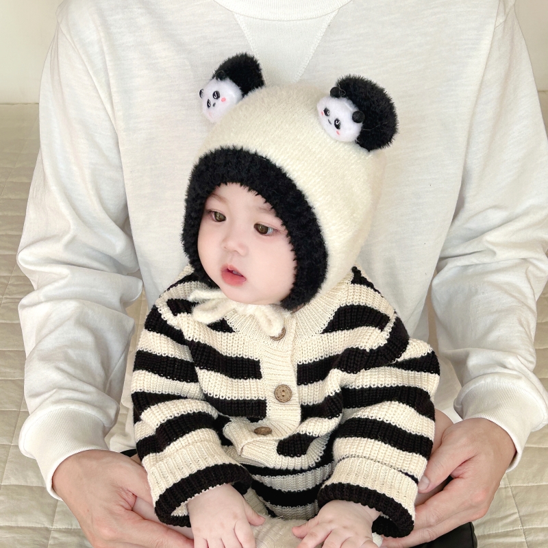 韩国婴儿帽子秋冬季毛绒宝宝护耳帽可爱熊猫男女童加厚防风套头帽