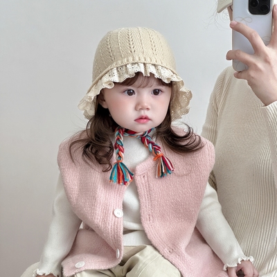 宝宝帽子秋冬季洋气花边小辫子女童毛线套头帽户保暖外婴儿护耳帽