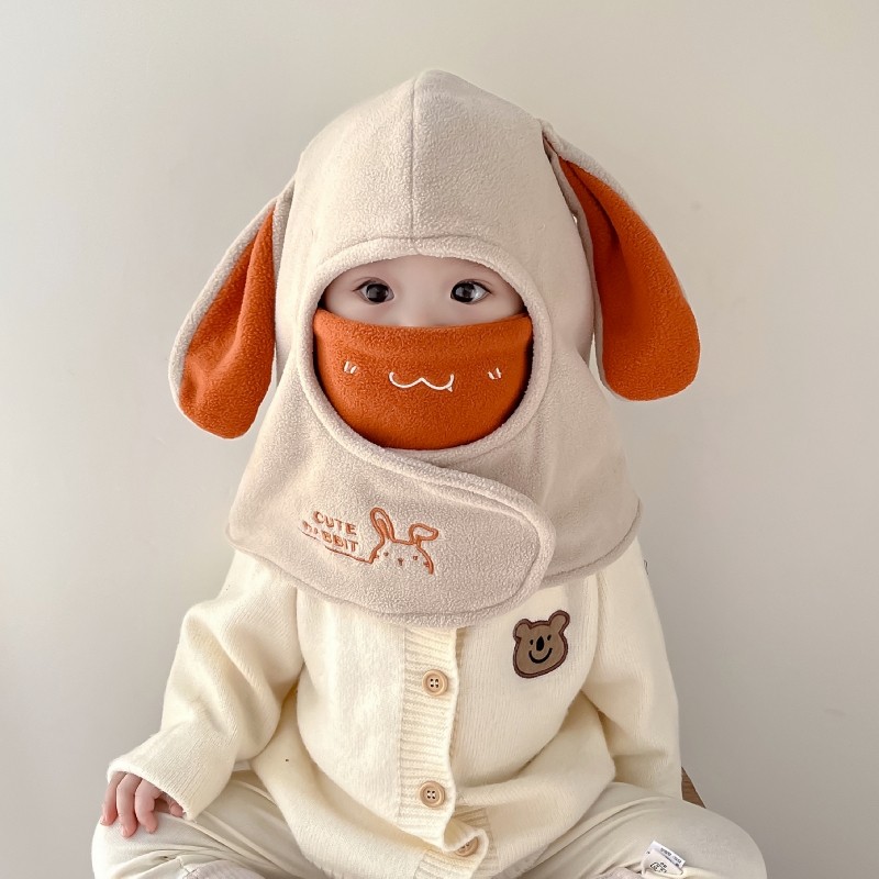 宝宝帽子围巾一体冬季兔耳朵儿童保暖防风男童女童婴儿口罩护耳帽