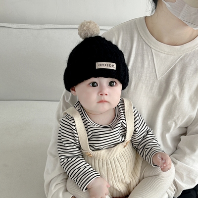 宝宝毛线帽秋冬季素色毛球男女儿童保暖套头帽婴儿出游防风护耳帽