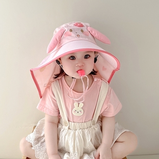 儿童防晒帽夏天大帽檐护脖女童披肩渔夫帽可爱兔子宝宝出游遮阳帽