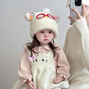 儿童帽子秋冬季加厚眼镜小猫女童套头帽保暖防风中大童宝宝护耳帽