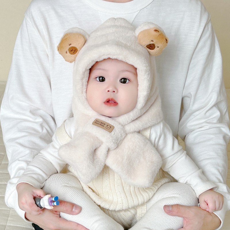 婴儿帽子围巾一体秋冬季加厚贴标小熊儿童毛绒帽小月龄宝宝护耳帽,童装/婴儿装/亲子装,帽子,淘宝优惠券,粉丝福利购,淘宝优惠卷