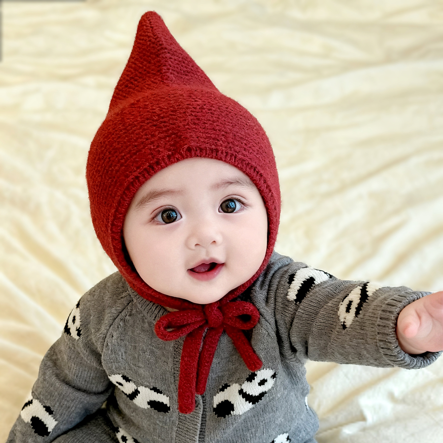 婴儿帽子秋冬季针织套头帽韩系素色小童尖尖精灵帽保暖宝宝护耳帽