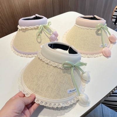 儿童帽子夏天大帽檐草编郁金香女童遮阳空顶帽户外旅游宝宝防晒帽