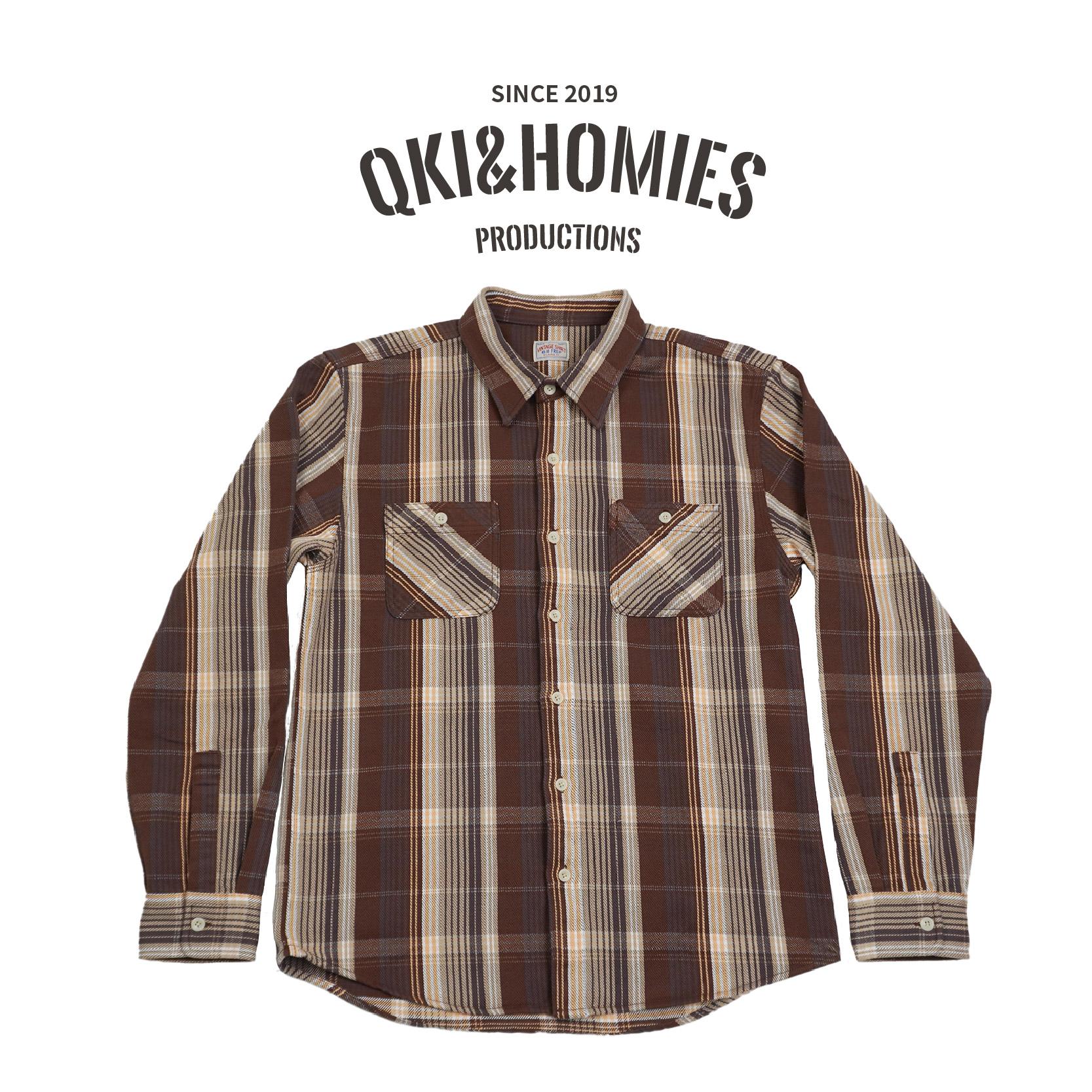 Qki复古棕色格子纯棉衬衫男士百搭衬衣长袖时尚休闲宽松经典翻领