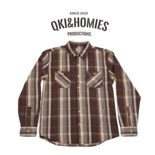 Qki复古棕色格子纯棉衬衫男士百搭衬衣长袖时尚休闲宽松经典翻领