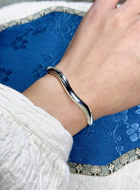 波浪泥鳅背手工足银小众百搭银镯