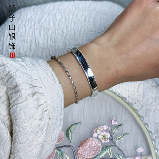 波光粼粼碎冰足银999纯银手镯女时尚国风款开口实心生日礼物刻字