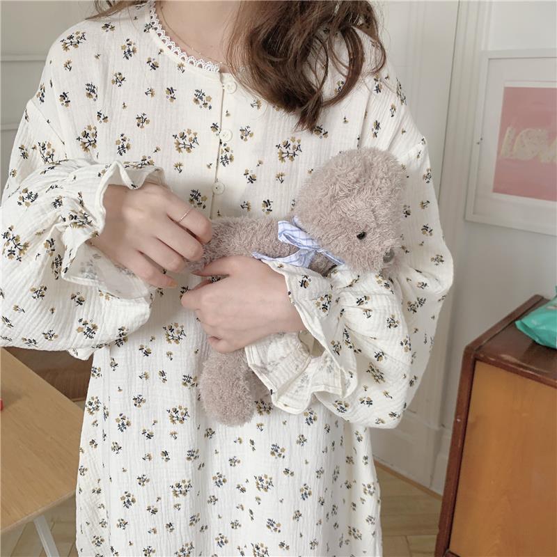 秋季韩版ins纯棉纱布复古小碎花睡裙女甜美花边领可外穿长裙睡衣