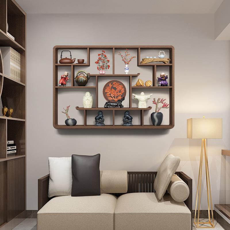 博古架实木中式挂墙隔断多宝阁格子架壁挂式置物架摆件茶具架
