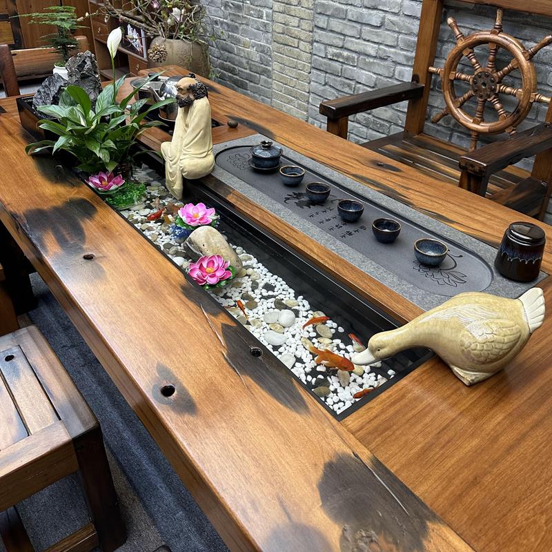 老船木流水茶桌茶台新中式茶几实木功夫茶道茶艺泡茶桌椅组合喝茶