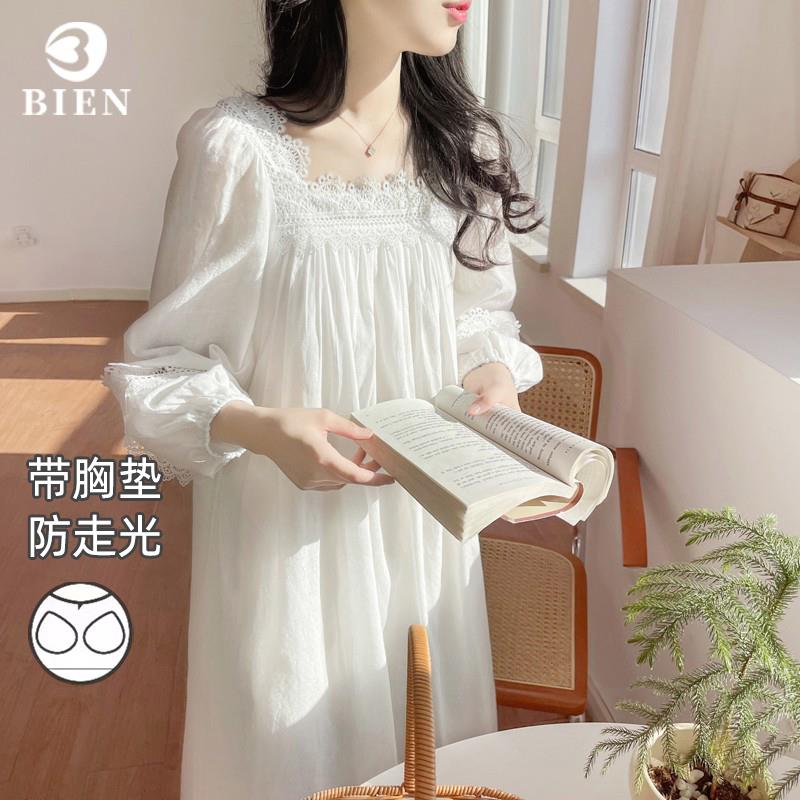 BIEN带胸垫纯棉睡裙女春秋季甜美公主宫廷风家居服法式家居服外穿