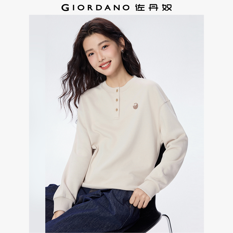 Giordano猫咪刺绣卫衣亨利领