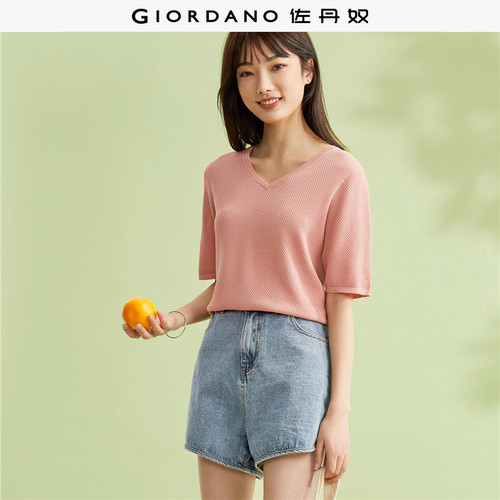佐丹奴针织衫女装纯色毛织V领短袖套头针织衫 05353201