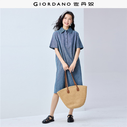 Giordano衬衫裙棉麻连衣裙