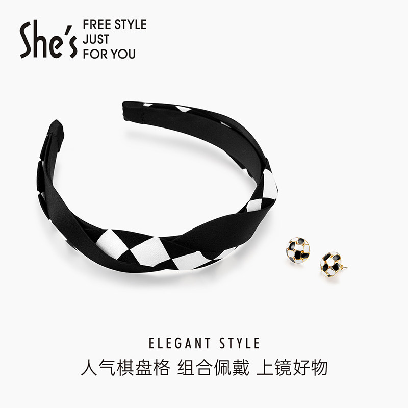 shes茜子时尚气质简约棋盘格发箍发卡头箍耳饰耳环组合套装发饰女