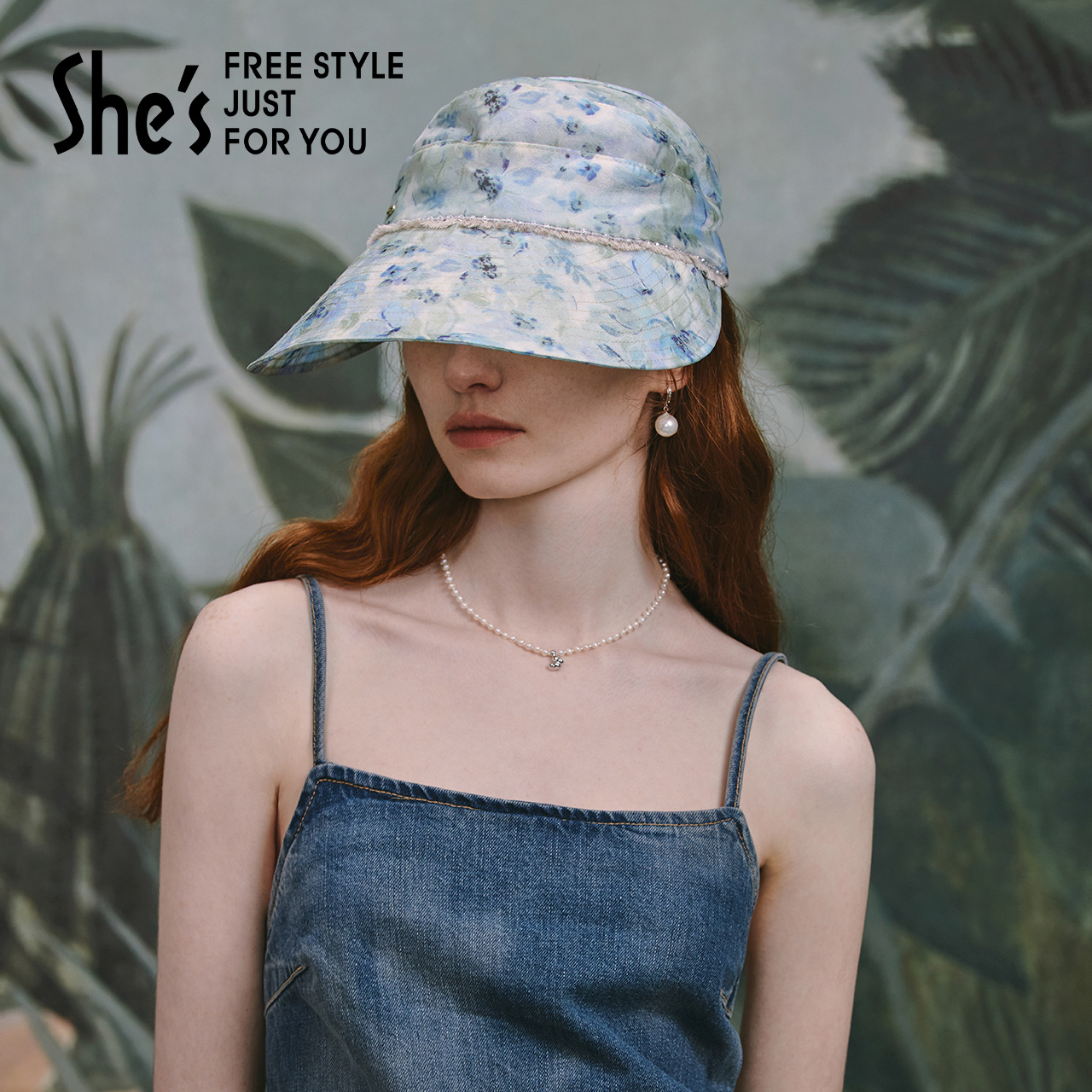 shes茜子艺术印花空顶帽春夏遮阳防晒户外太阳帽子女棒球帽显脸小