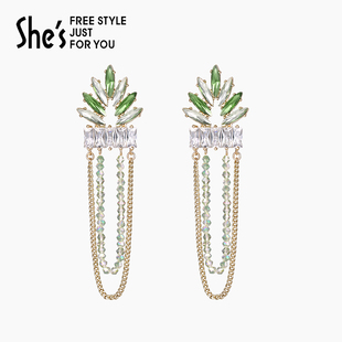 shes茜子奥莱卢梭假日璀璨工艺水晶叶子流苏耳环925银针耳饰