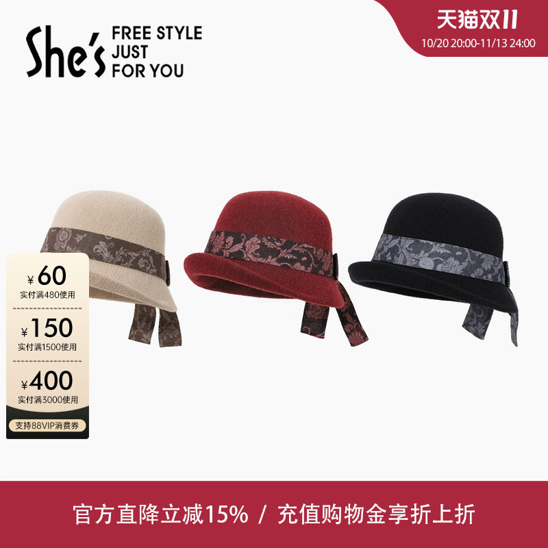 shes茜子秋冬经典保暖配饰飘带卷边帽子户外出游渔夫帽盆帽优雅