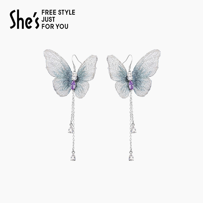 shes茜子奥莱双玲草原创设计刺绣蝴蝶925银耳环小众设计感耳坠
