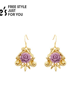 shes茜子永恒之花树脂玫瑰金属吊坠耳钉耳环复古宫廷风耳饰女
