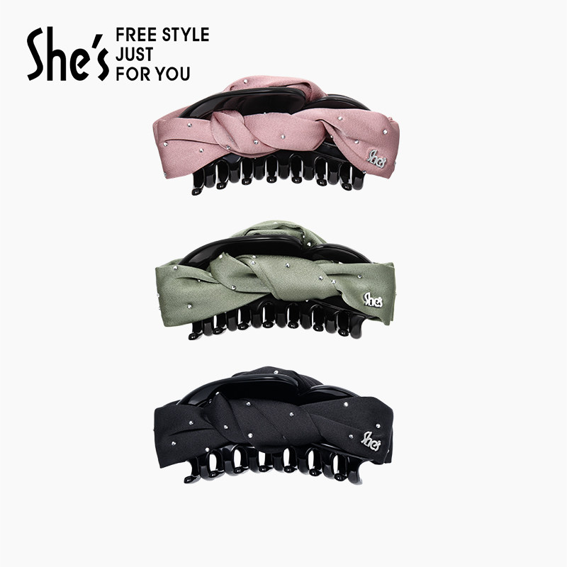 shes茜子奥莱百搭蝴蝶扭结布艺抓夹后脑勺烫钻鲨鱼夹通勤发饰,饰品/流行首饰/时尚饰品新,发饰,淘宝优惠券,粉丝福利购,淘宝优惠卷