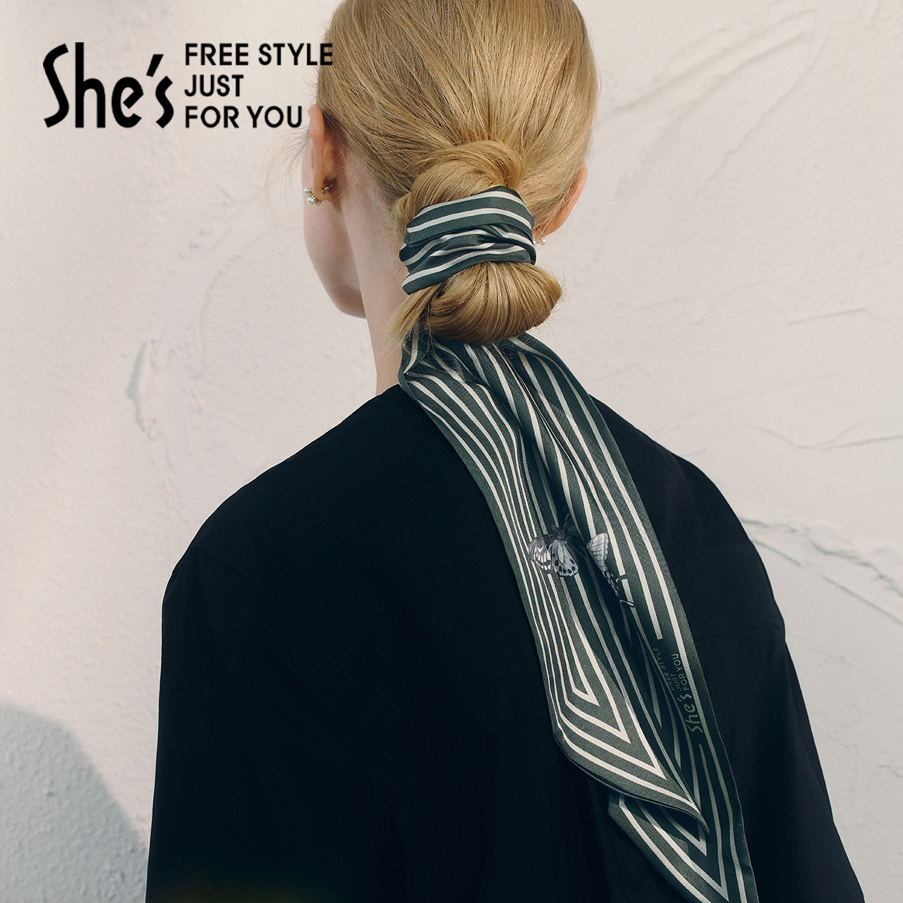 shes卢梭假日蝴蝶印花柔软真丝桑蚕丝领巾窄丝巾飘带DIY多用发带