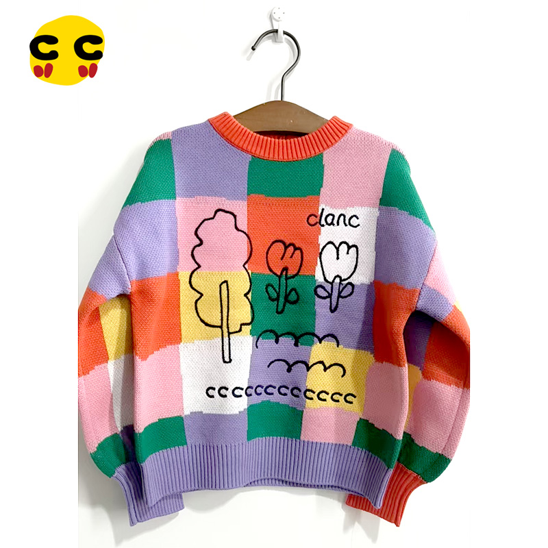 clanc潮牌童装25秋季新品女童针织毛衣时尚方格撞色图案纯棉毛衣