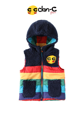 clanc韩版潮牌秋冬新款男女童彩虹时尚加厚加棉带帽保暖棉马甲
