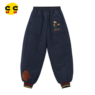 clanc潮牌童装25冬新品男童加绒加厚棉裤竖条纹压线束脚卡通长裤