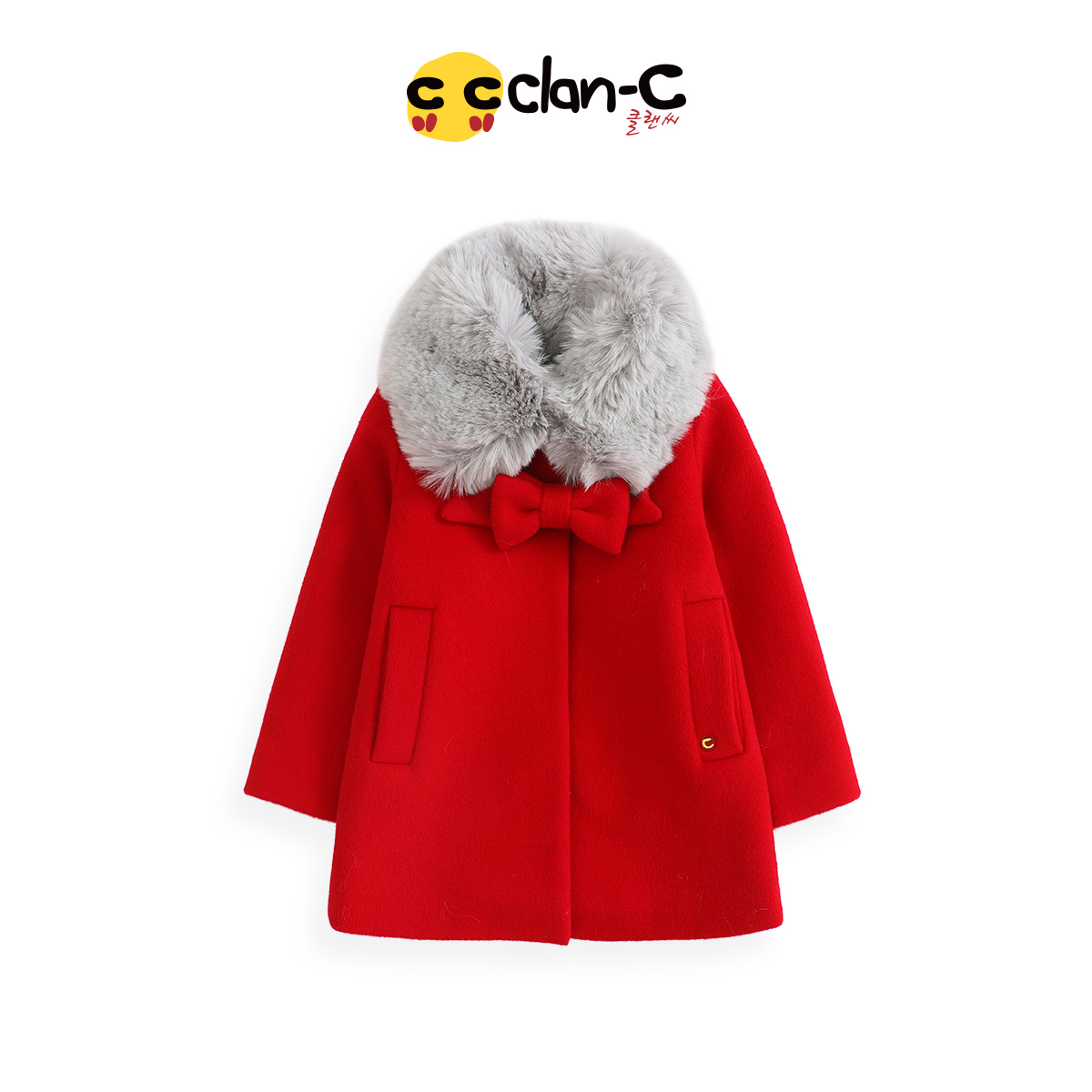 clan-C潮牌蝴蝶结毛领厚实呢大衣