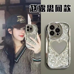 适用小米14立体镶钻爱心镜子k70手机壳k60红米note13方形镜面11pro全包10s防摔k50亮片k30新款12软9por女k40+