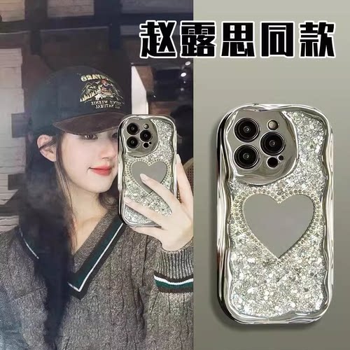 适用小米14立体镶钻爱心镜子k70手机壳k60红米note13方形镜面11pro全包10s防摔k50亮片k30新款12软9por女k40+