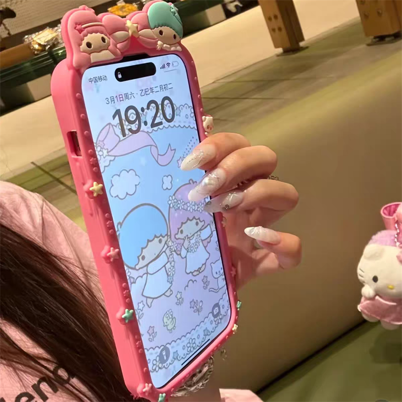卡通可爱立体粉爱心双子星适用iphone16promax手机壳苹果15软硅胶保护套14pro全包边框13女新款16pormax防摔