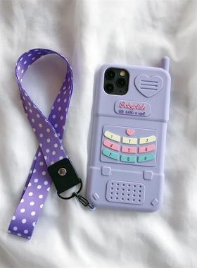 紫色爱心电话机适用苹果12手机壳iphone12promax软硅胶11潮xs带挂绳xr网红7plus潮4s保护套se小四5s萌6sp女8