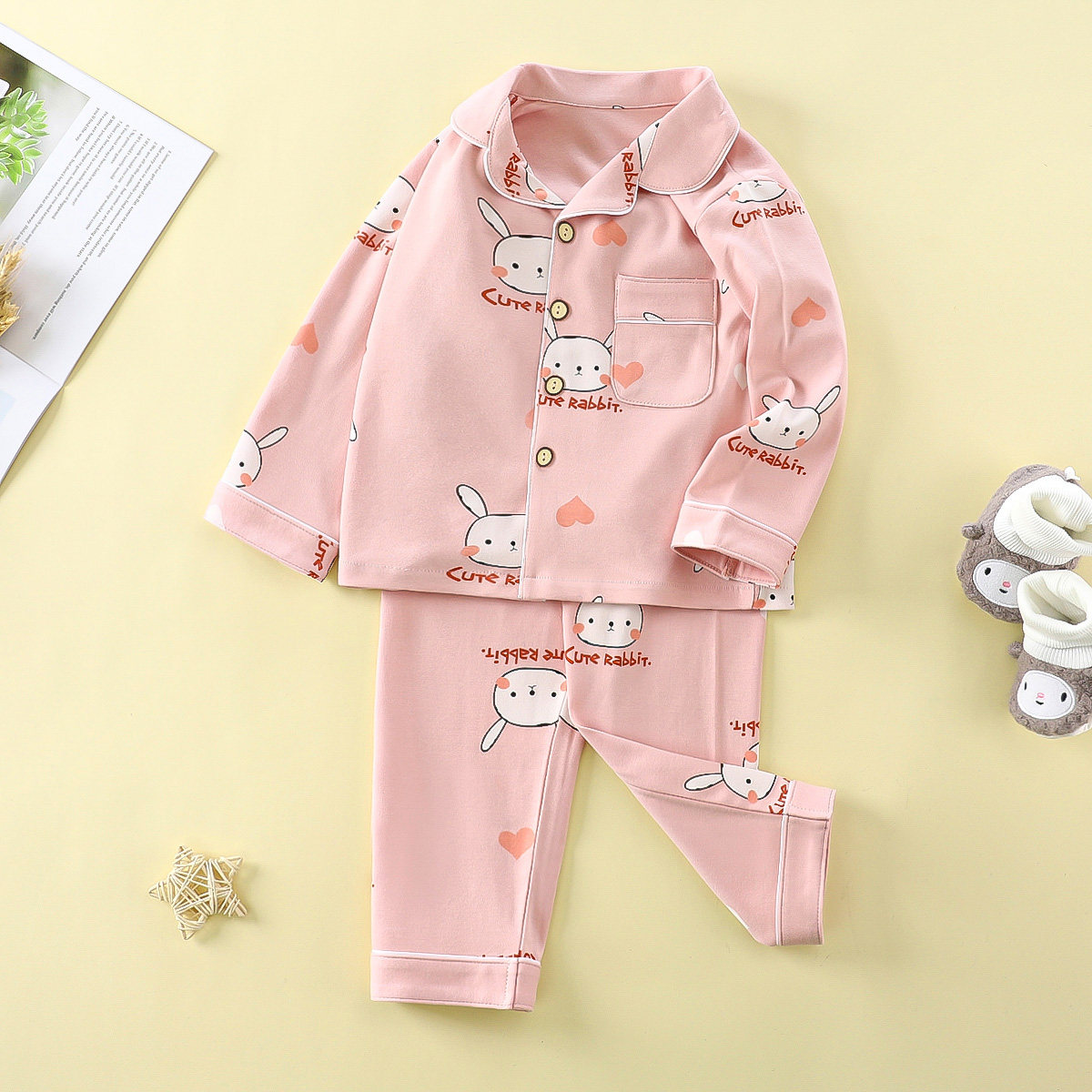 儿童纯棉翻领家居服套装男女宝秋冬对开长袖长裤睡衣套装