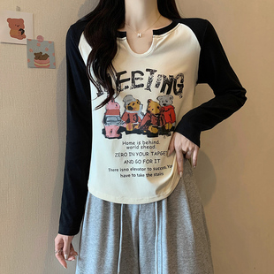 胖妹妹韩版 新款 2023秋季 大码 V领卡通印花t恤潮 女装 撞色长袖