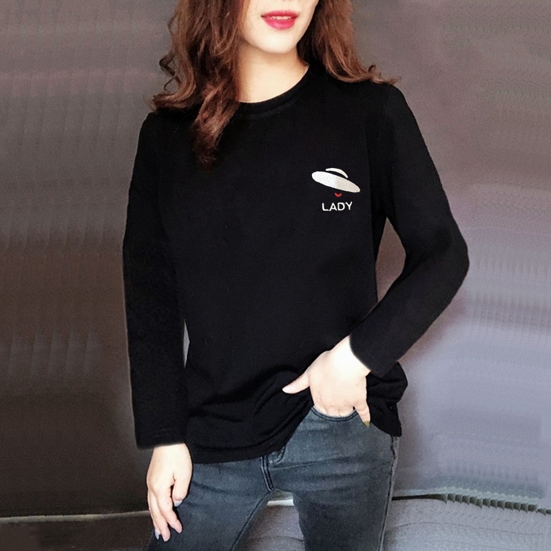 2025春秋女装长袖t恤女黑色纯棉字母刺绣圆领韩版大码白色打底衫