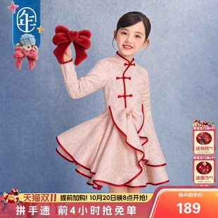 年衣童装旗袍裙冬季新款女童中国风甜美蝴蝶结长袖短款裙子连衣裙
