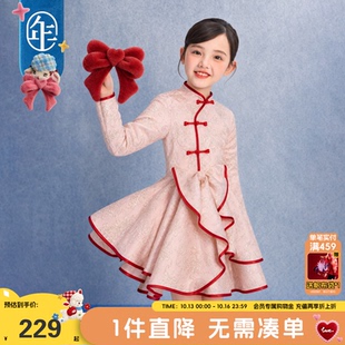 年衣童装旗袍裙冬季新款女童中国风甜美蝴蝶结长袖短款裙子连衣裙