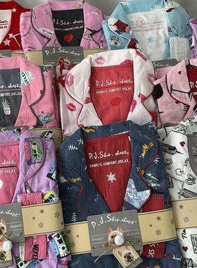pjs纯棉磨毛女士家居服套装秋冬情侣长袖睡衣套装高个子大码胖MM