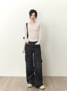 SHIYIYUE正肩圆领长袖t恤女春季内搭修身显瘦纯色基础打底衫上衣
