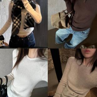 SEVEN也多色B囤卷边圆领针织衫2024秋冬长袖上衣绵羊毛内搭打底衫