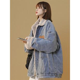 oversize羊羔毛牛仔外套女冬季胖mm宽松覆古bf中性潮加绒加厚棉服