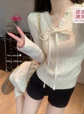 miu系麻花v领系带蕾丝打底衫女春秋纯欲风木耳边内搭毛衣针织上衣