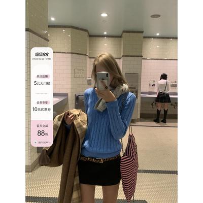 8uioio《比利时钟声》蓝色V领麻花毛衣女秋季新款长袖针织衫上衣