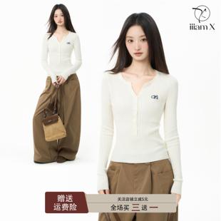 iiiamX白色v领针织衫女秋季内搭打底修身针织长袖上衣2025新款冬